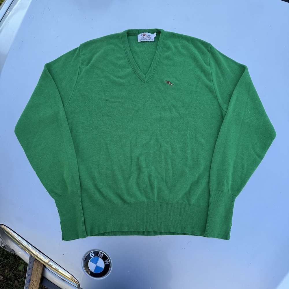 Vtg 70s Steeplechase Orlon Sweater V Neck XL Old Money Regency Preppy Grandpa